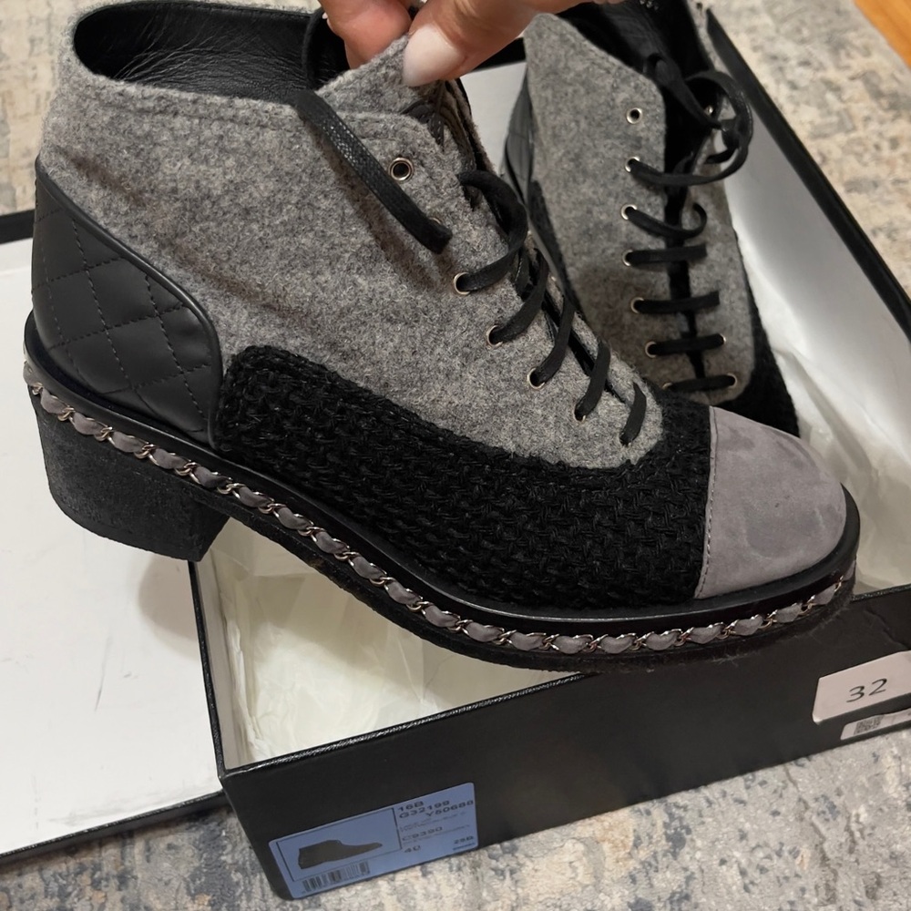 Grey and Black Chanel boots